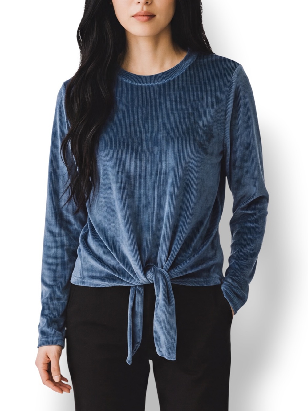 4/$20 Olivia Sky Blue Velour Vertical Stripe Tie Front Long Sleeve Top XL